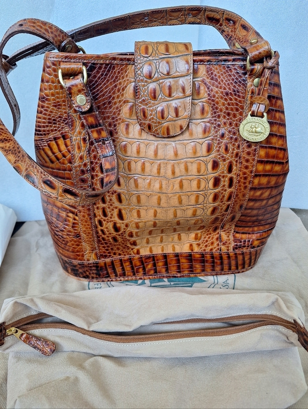 Brahmin Julian Tote Pecan Melbourne Croc Embossed Leather Bucket Bag + Organizer